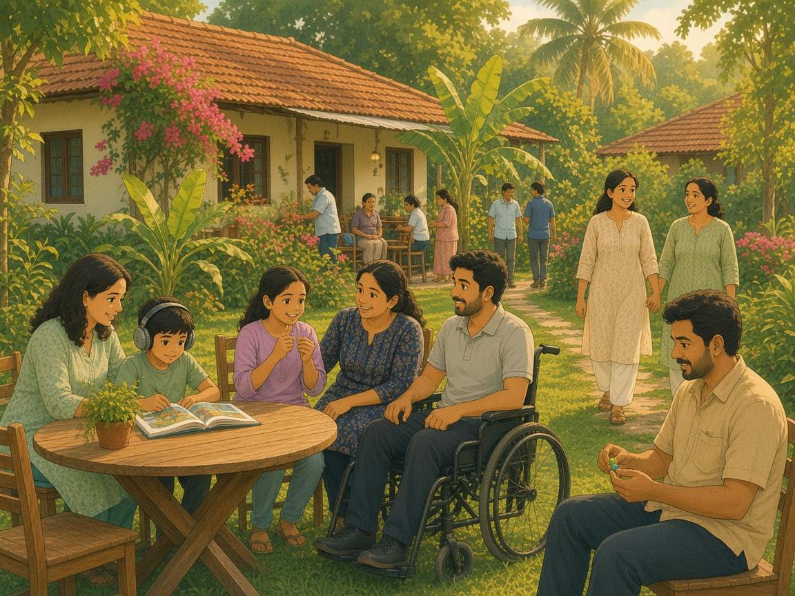 Ghibli-style illustration of autistic children and adults with their families in a garden courtyard among cottages